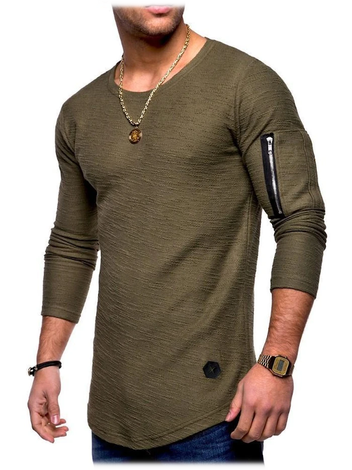 Mens TShirt Army Green with Zipper on Sleeve