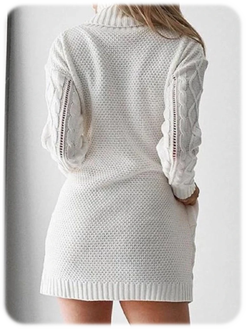 Above Knee Turtleneck Long Sleeve Pullover Straight Dress White