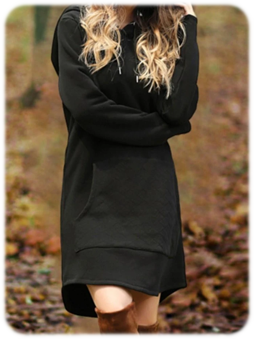 Knee-Length Hooded Long Sleeve A-Line Mid Waist Dress Black