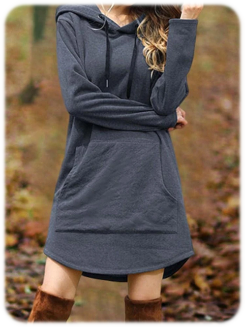 Knee-Length Hooded Long Sleeve A-Line Mid Waist Dress Gray