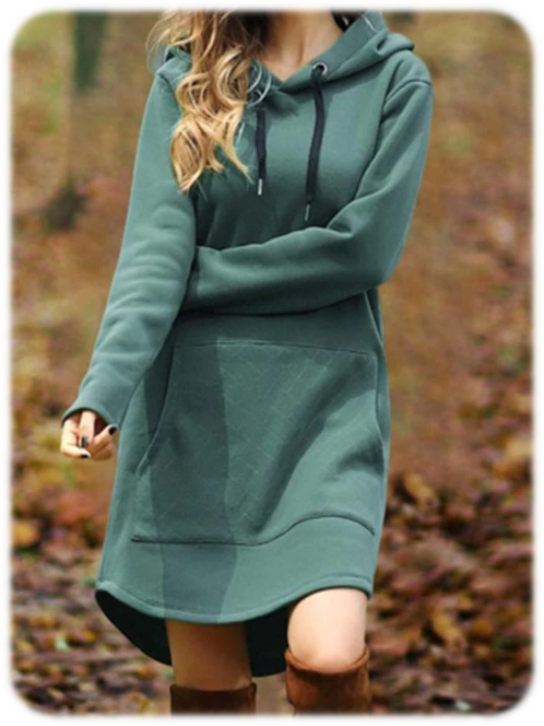Knee-Length Hooded Long Sleeve A-Line Mid Waist Dress Green