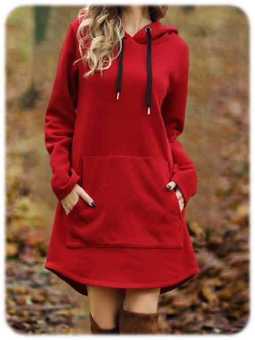 Knee-Length Hooded Long Sleeve A-Line Mid Waist Dress Red