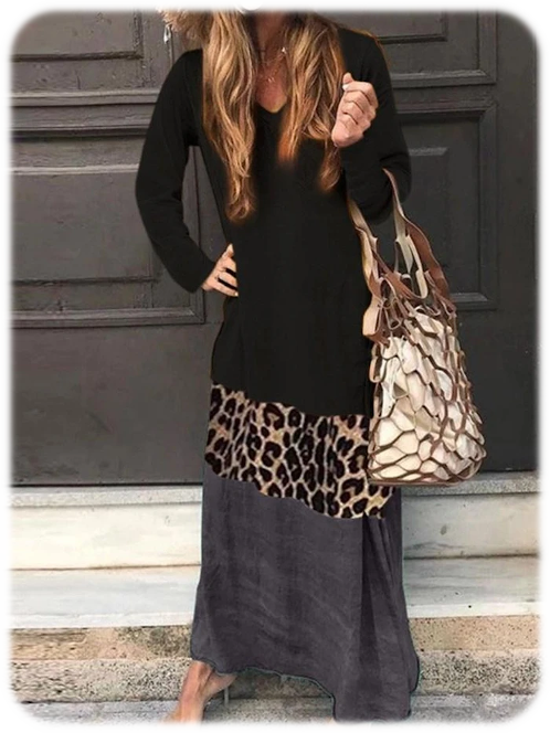 Print Long Sleeve V-Neck Leopard Casual Dress Black
