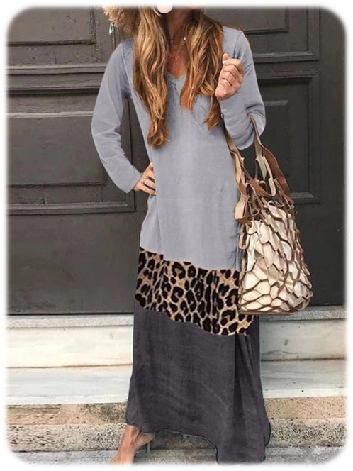 Print Long Sleeve V-Neck Leopard Casual Dress Gray