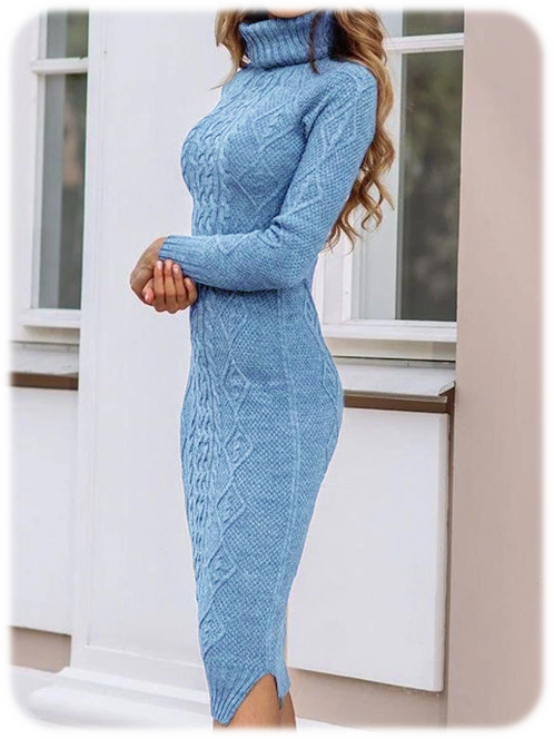 Turtleneck Mid-Calf Long Sleeve Casual Pullover Dress Blue