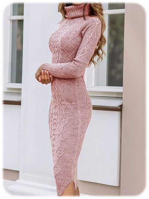 Turtleneck Mid-Calf Long Sleeve Casual Pullover Dress Pink