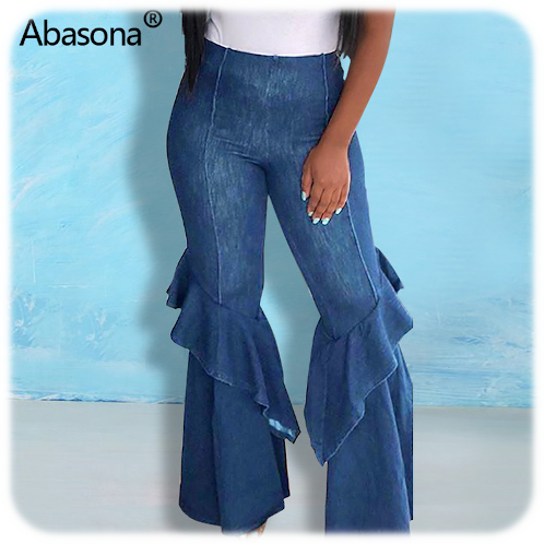 Abasona Ruffles Patchwork High Waist Denim Jeans