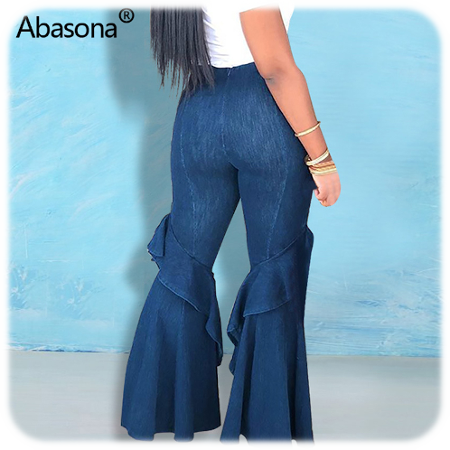 Abasona Ruffles Patchwork High Waist Denim Jeans Back