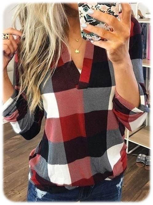 Classic Fashion Blouse Plaid V-neck Loose Female Casual Tops Red