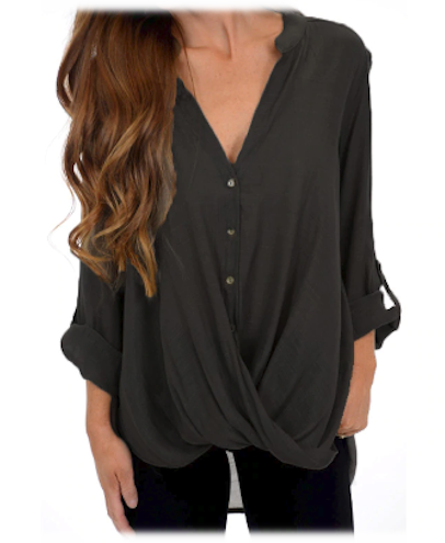 Female Long Sleeve Buttons Blouse Chic Elegant Lady Office Loose Top Black
