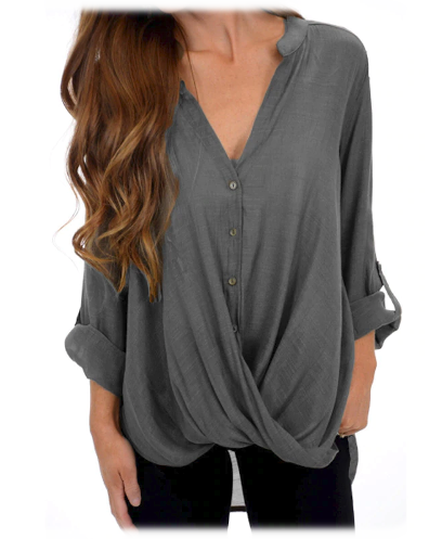 Female Long Sleeve Buttons Blouse Chic Elegant Lady Office Loose Top Gray