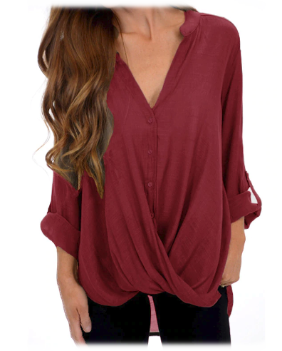 Female Long Sleeve Buttons Blouse Chic Elegant Lady Office Loose Top Red
