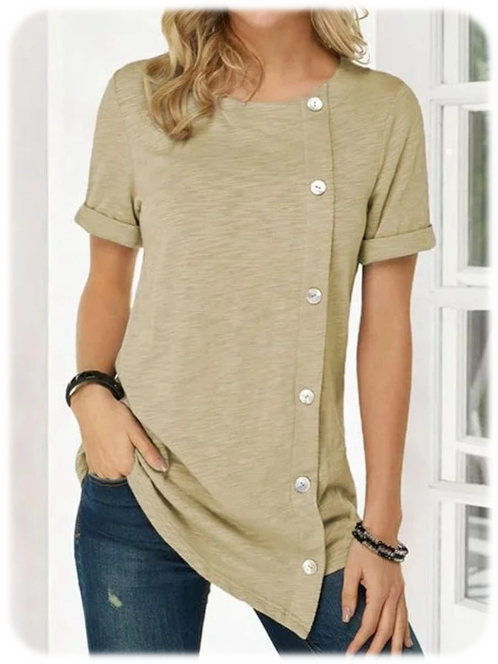Round Neck Mid-Length Plain Slim T-Shirt Light Khaki