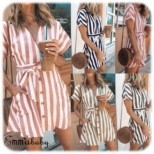 Women`s Summer Striped Short Sleeve Mini Dresses All