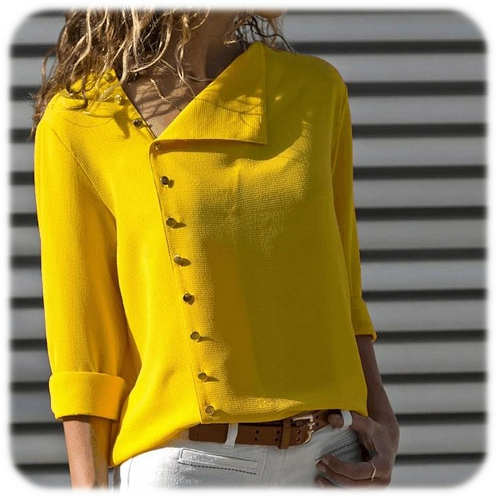 Fashion Button Yellow White Shirt Women Tops Long Sleeve Blouses Tunic Yellow